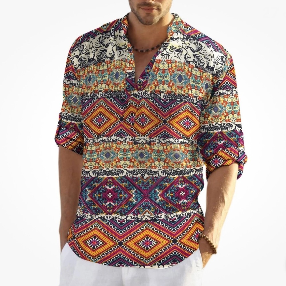 Coofandy Colorfull Artsy Tribal print long Sleeve Short Hemp Blend Henley
